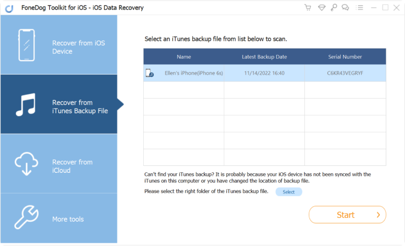 启动FoneDog工具包-iOS数据恢复并选择从iTunes恢复