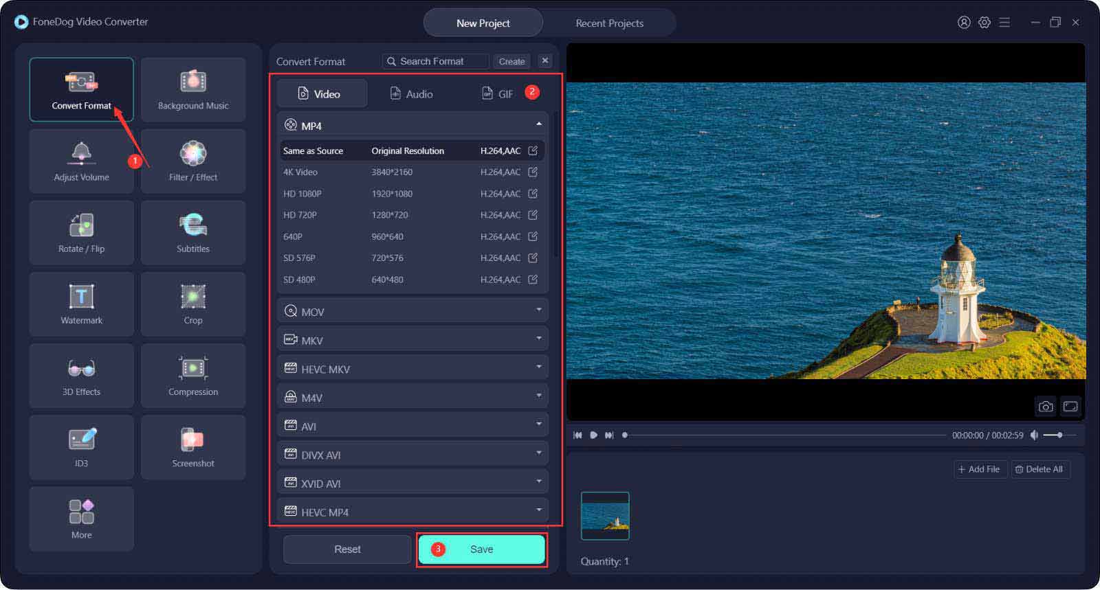 结合 GoPro 视频的最佳视频转换器 - FoneDog 视频转换器：选择格式