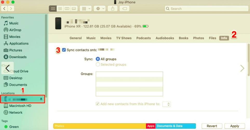 使用 Finder 从 iPhone 通讯录同步到 Mac