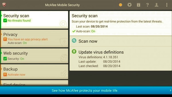 Android 病毒清除工具 - McAfee Mobile Security