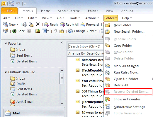 恢复已删除的电子邮件 Outlook 2010