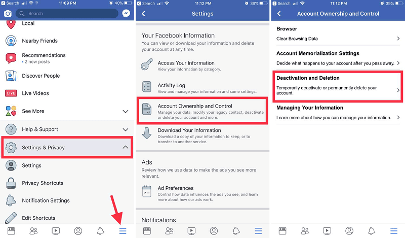 在 Facebook 的帐户所有权和控制下选择停用和删除
