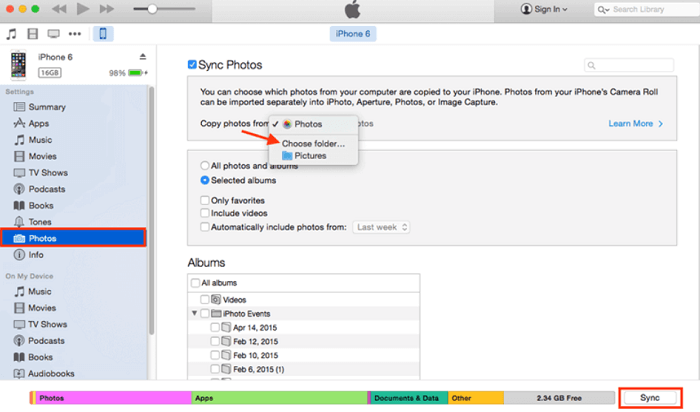 使用 iTunes 将照片从旧 iPhone 传输到新 iPhone