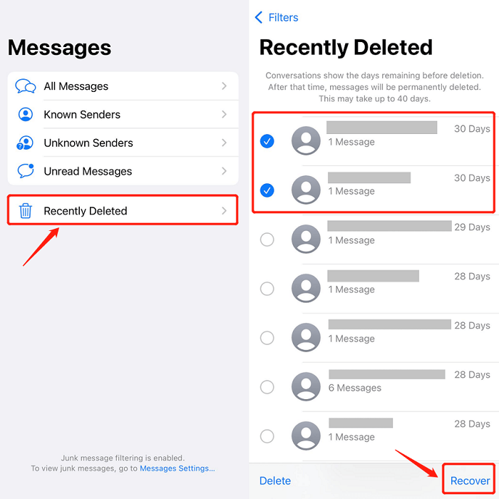 使用最近删除的文件夹恢复已删除的 iMessage