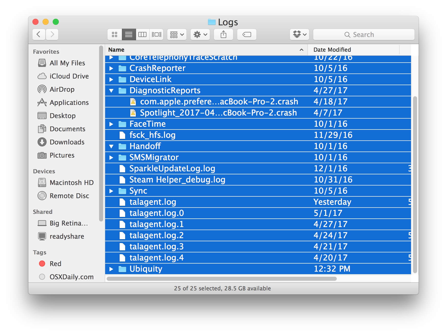 选择所有日志并删除Mac