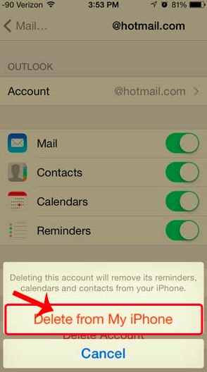 从我的 iPhone 中删除 Hotmail 帐户以修复