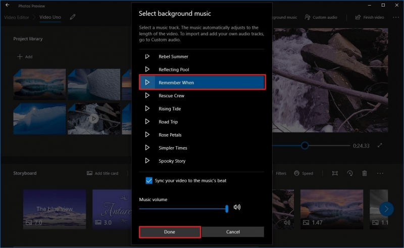 使用 Windows 照片应用程序将音乐添加到视频应用程序