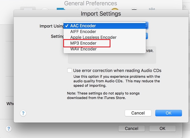 Select MP3 as Import Using on Mac