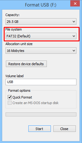 将 USB 文件系统格式化为 FAT32