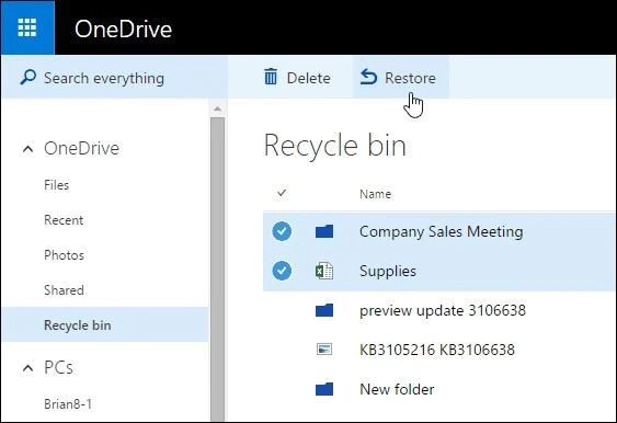 从 OneDrive 回收站恢复文件