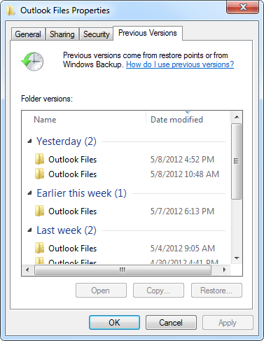 恢复以前的版本以恢复 Outlook 中已删除的 PST 文件