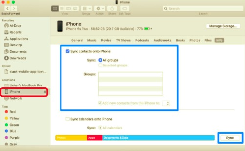 使用 Finder 将联系人从 iPhone 同步到 iPad