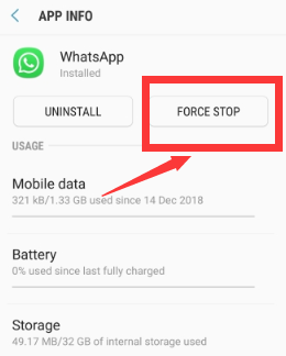 强制应用程序停止修复 WhatsApp 备份卡在 Android 上